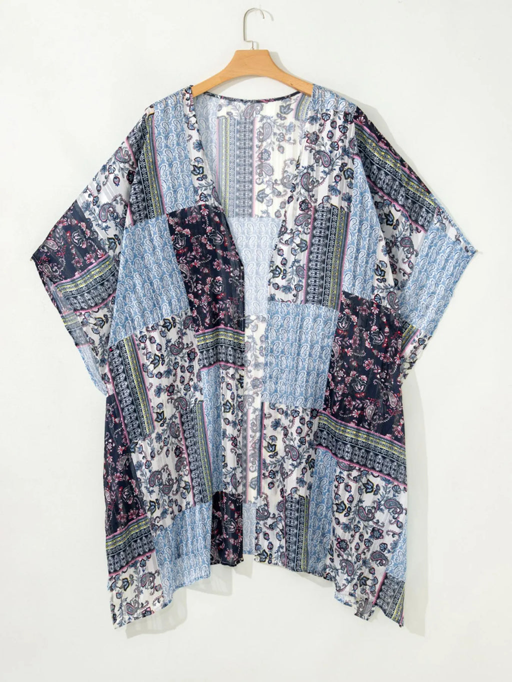Women's Printed Open Front Cover Up Oversized Beach Kimono Blue One Size