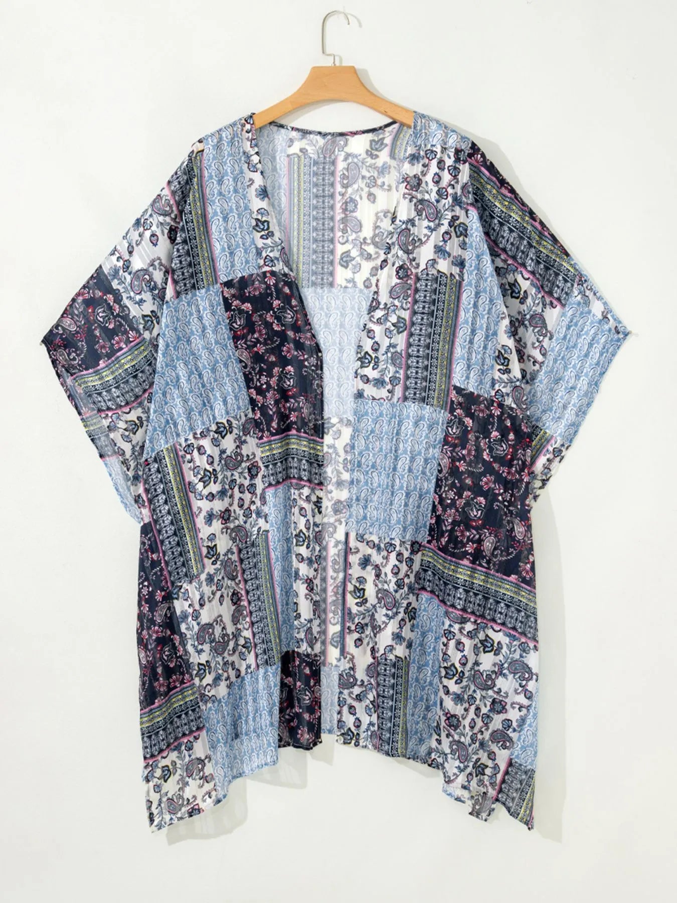 Women's Printed Open Front Cover Up Oversized Beach Kimono Blue One Size