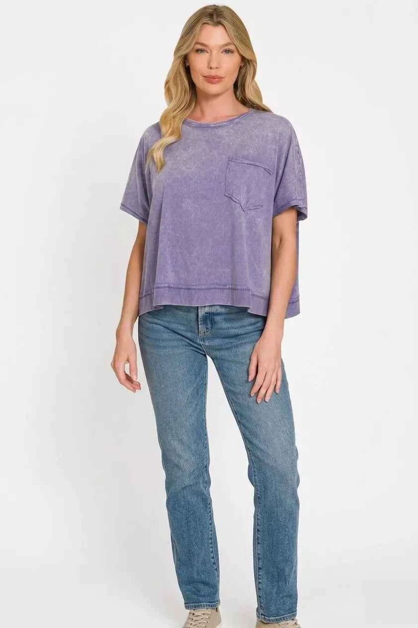 Zenana Women's Acid Wash Oversized T-Shirt Raw Hem Pocket Marlin S-L