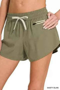 Women's Zenana Soft Woven Lined Shorts Drawstring Zip Pocket Dusty Olive S-L DUSTY OLIVE