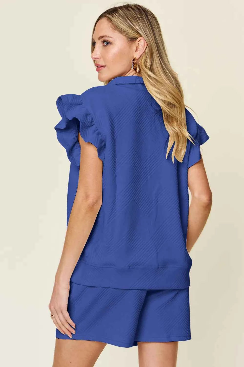 Women's Double Take Flounce Sleeve V-neck Top Shorts Set Two-Piece Multi Colors S-3XL