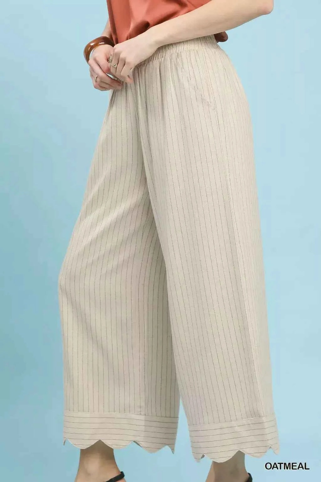 Women's Umgee Pinstripe Wide Leg Linen Pants Scalloped Hem Oatmeal S-L