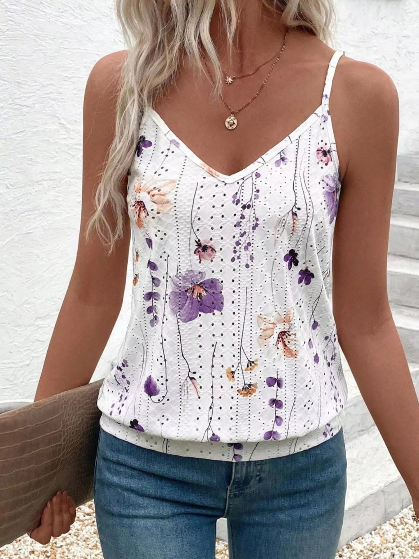 Floral Print V-Neck Casual Cami Purple