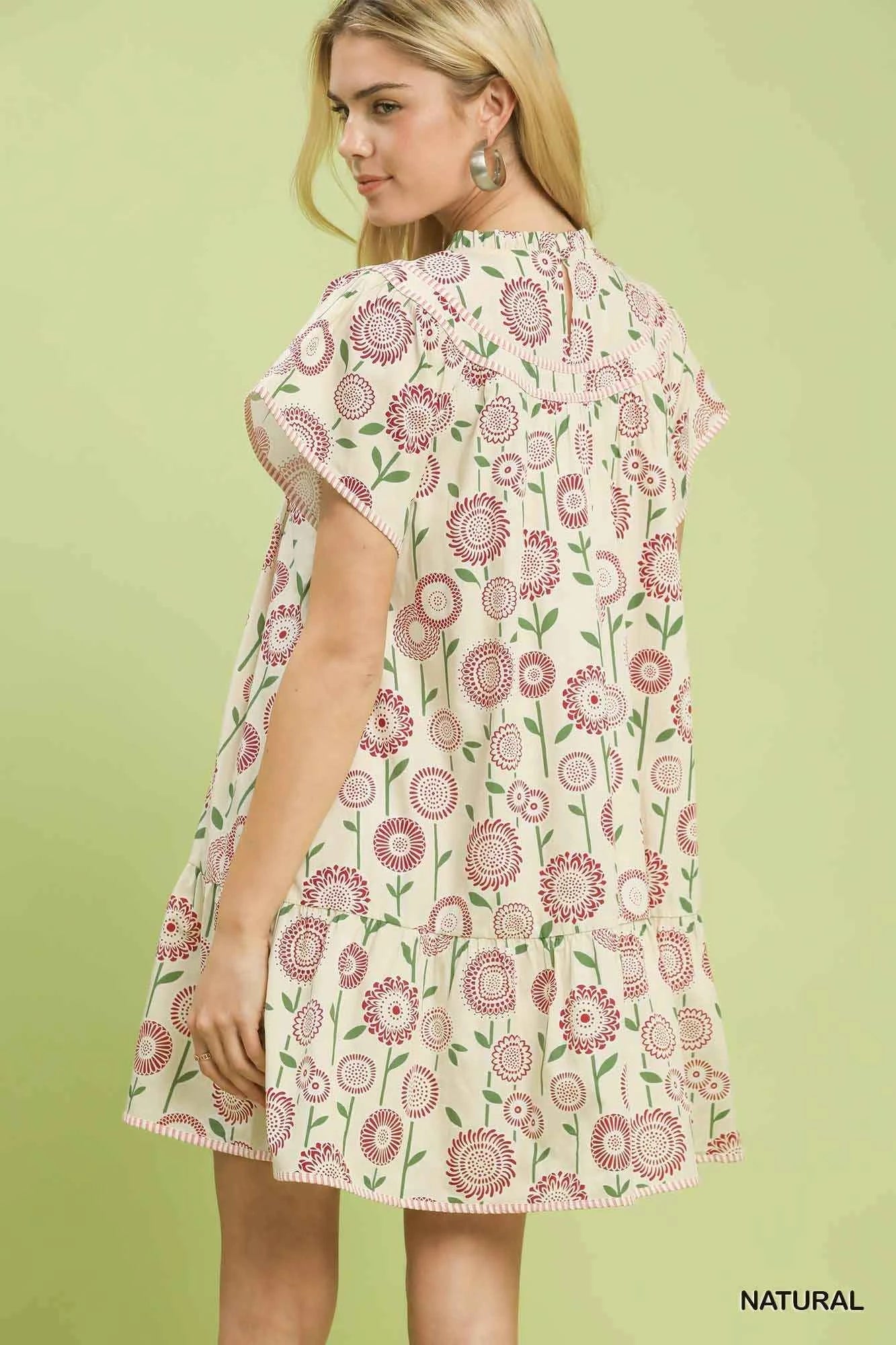 Women's Umgee Floral Print Tiered Babydoll Dress Ruffle Hem Cotton Natural S-L