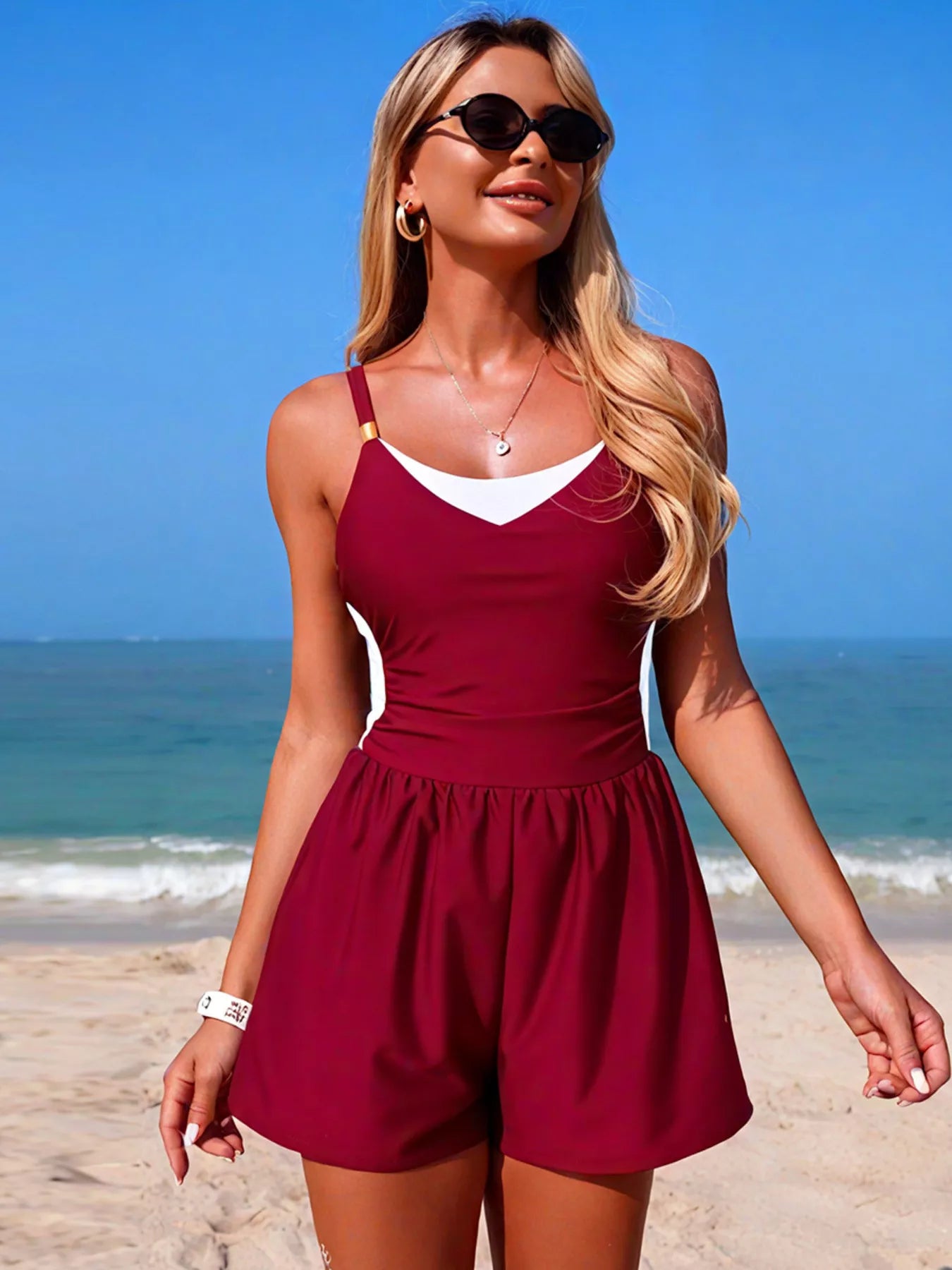 Women's Color Block One-Piece Swimsuit – Adjustable Strap, Pockets, 6 Colors Wine Red + White One-Pieces-Swimwear