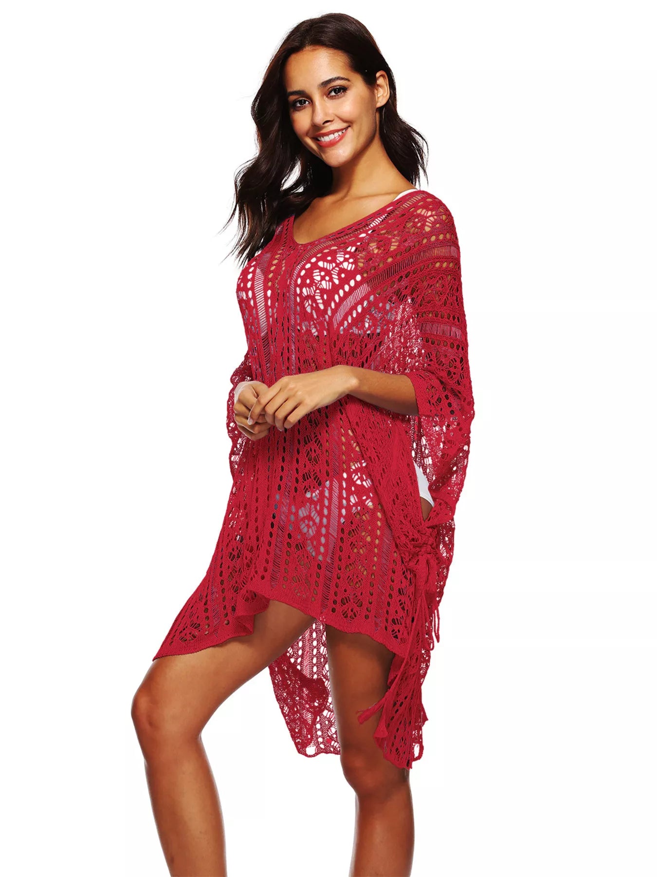 Women's Crochet Knit V-Neck Slit Cutout Beach Cover-Up Multi Colors One Size Scarlet One Size