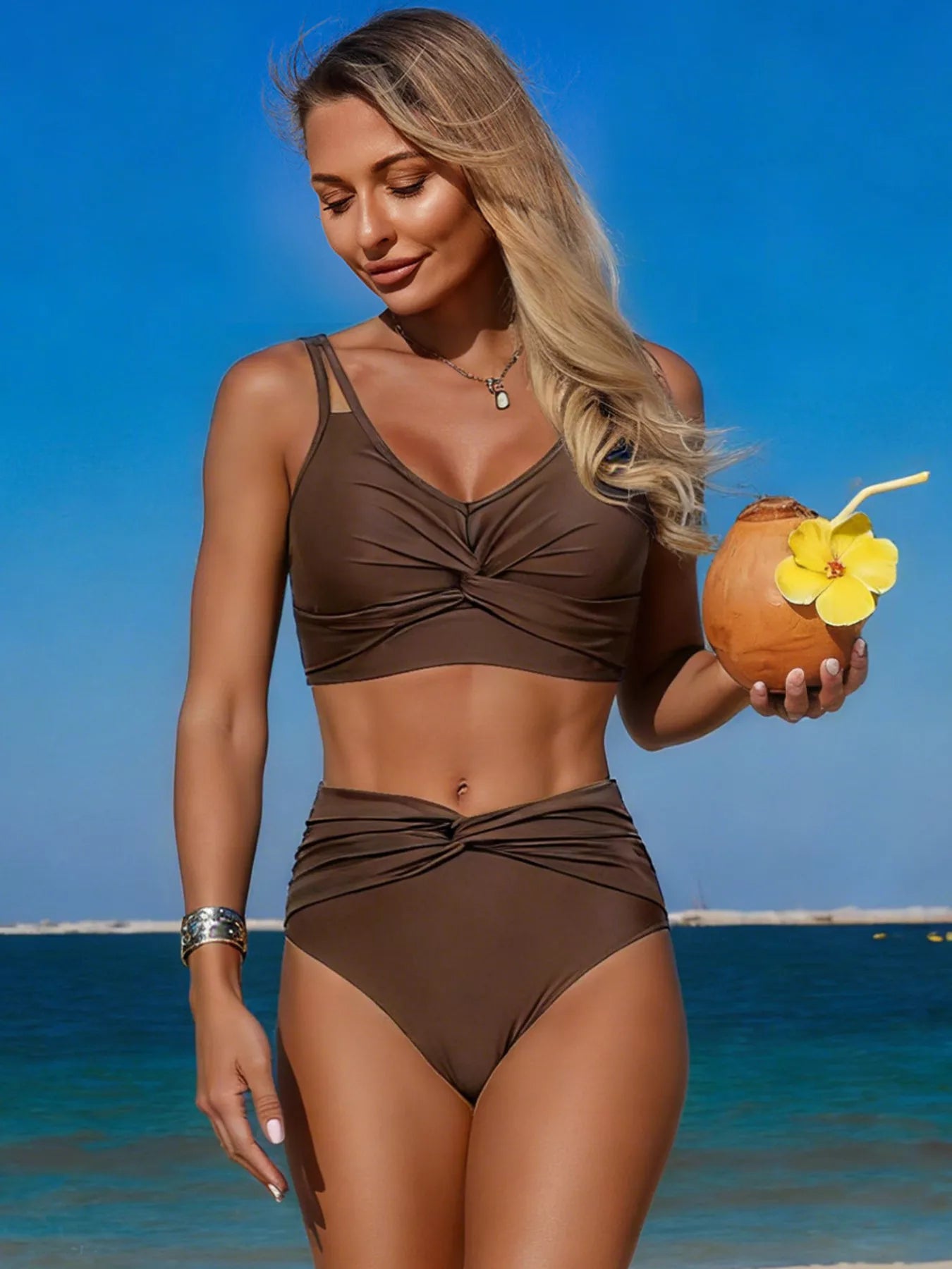 Women's Twist Front High-Waisted Ruched Two-Piece Bikini Swim Set Multi S-2XL Brown