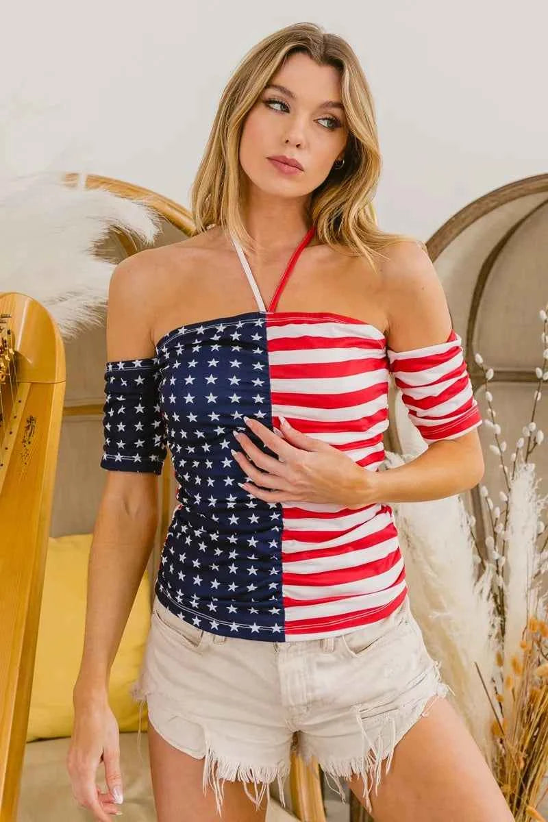 BiBi Women's Patriotic American Flag Off Shoulder Ruched Tied Cutout Top Red S-L