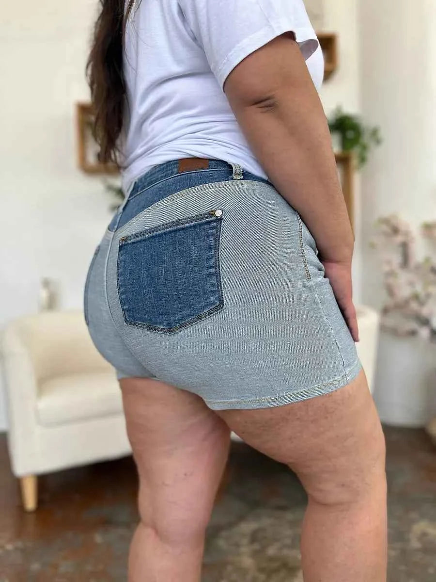 Women's Judy Blue Color Block Denim Shorts Pockets Light Medium Wash S-3XL