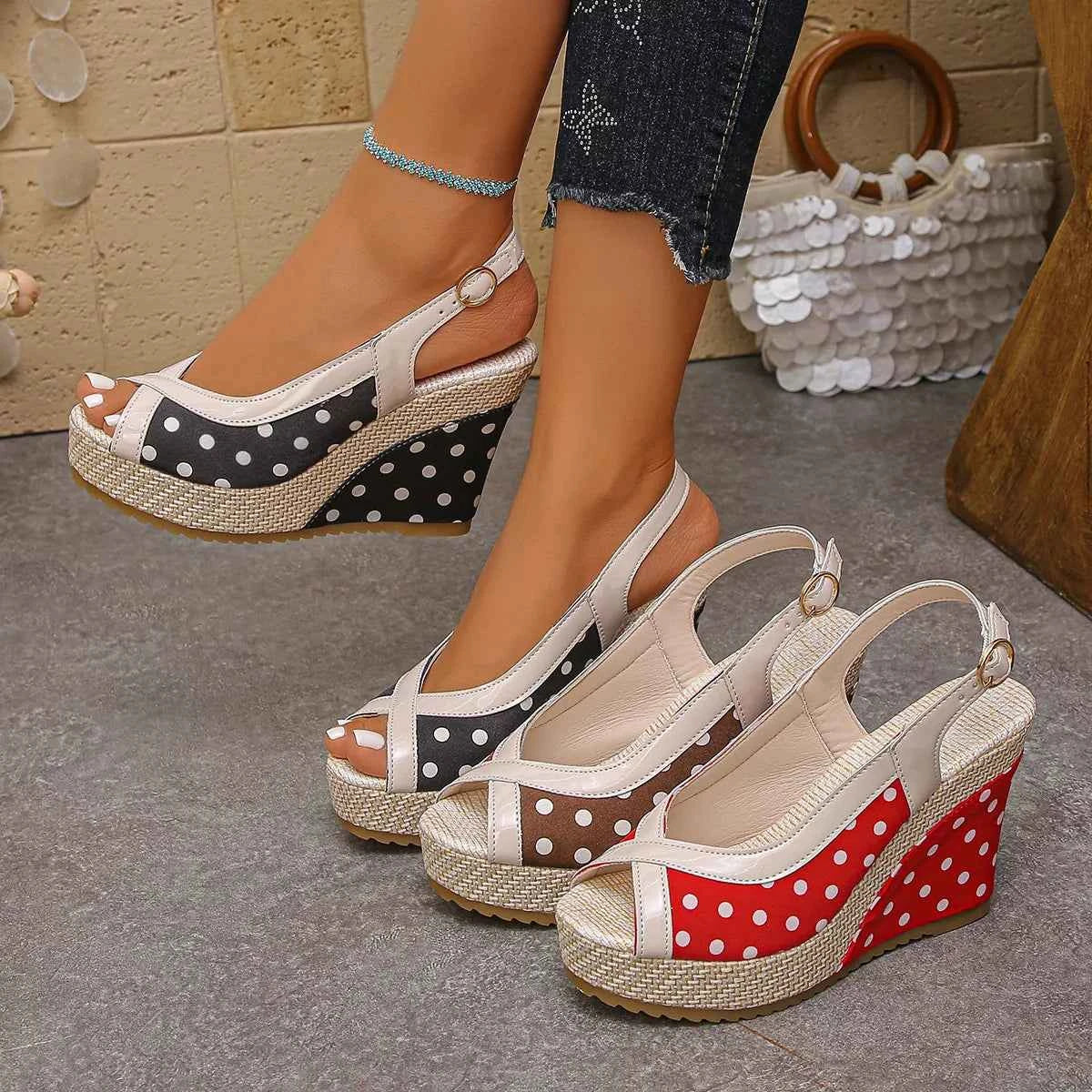 Women's Polka Dot Peep Toe Wedge High Heel Sandals Coffee Black Red EU 36-43