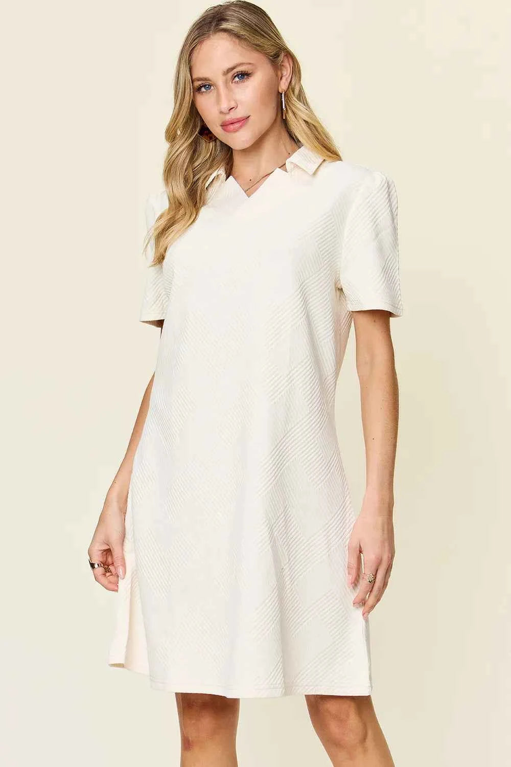 Women's Double Take Texture Collared Neck Short Sleeve Dress Multi Colors S-3XL White