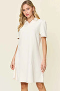 Women's Double Take Texture Collared Neck Short Sleeve Dress Multi Colors S-3XL White