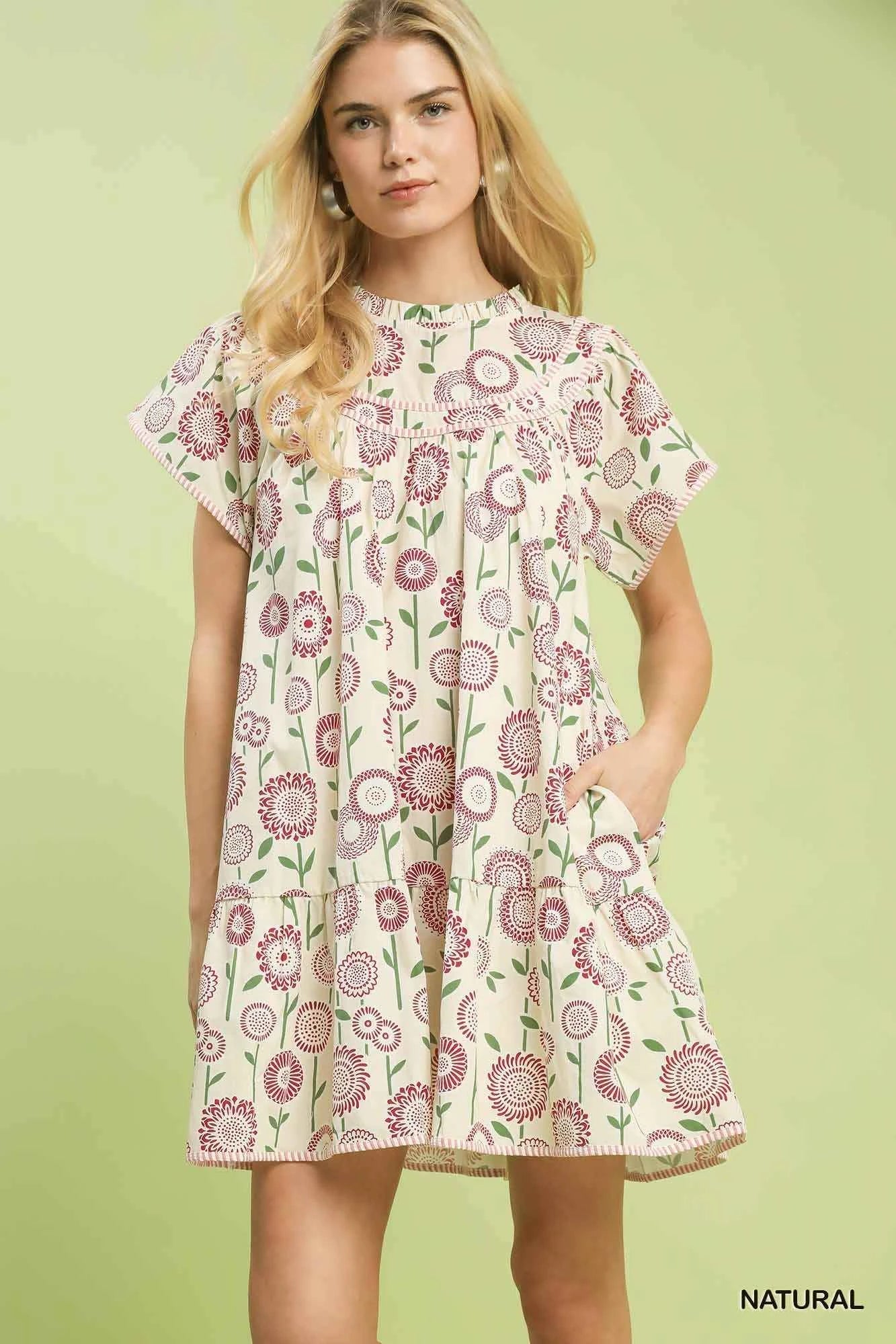 Women's Umgee Floral Print Tiered Babydoll Dress Ruffle Hem Cotton Natural S-L NATURAL