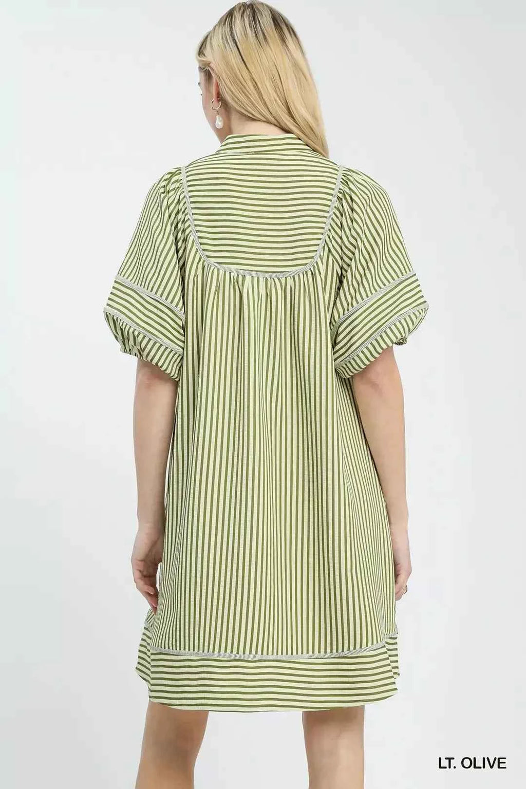 Women's Umgee Striped Puff Sleeve Shift Dress Lined Pockets Lt Olive S-L