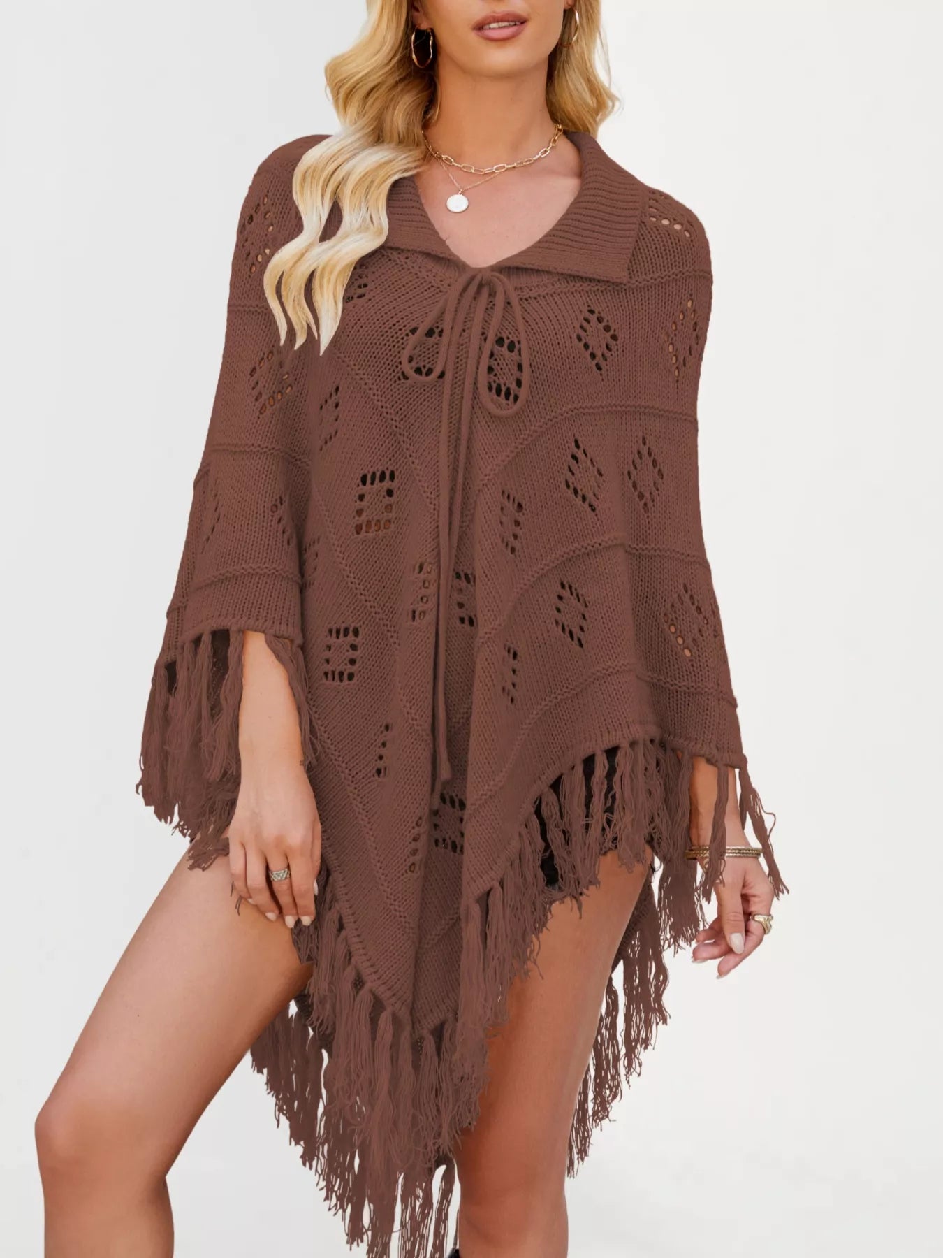 Women's Fringe Tassel Tie Openwork Knit Boho Beach Cover Up Multi Colors S-XL Brown
