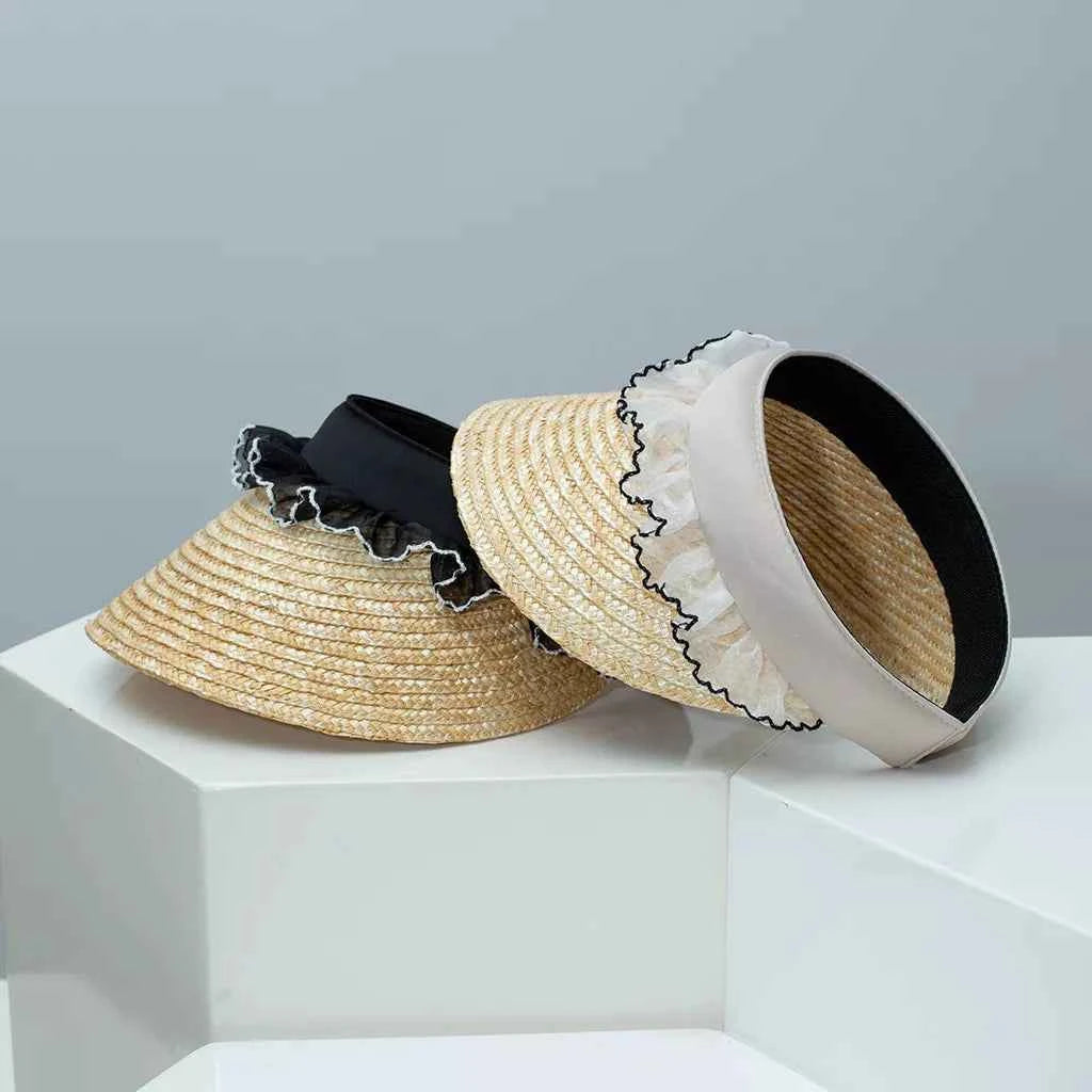 Women's Lace Trim Woven Straw Visor Sun Hat Beach Resort Black Beige One Size