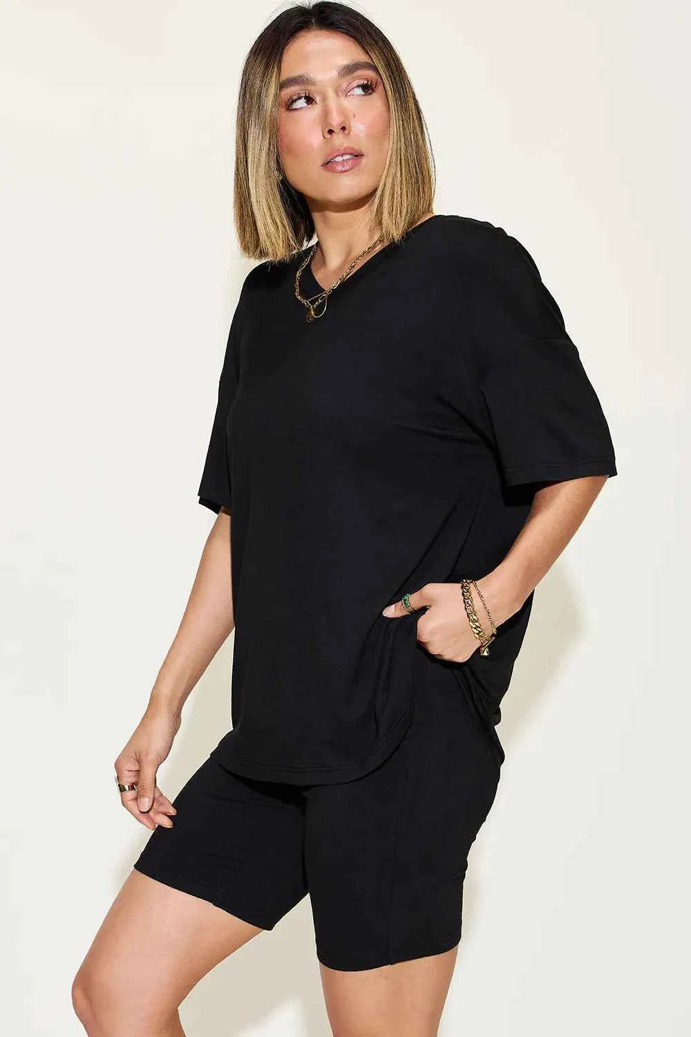 Basic Bae Women's V-Neck Drop Shoulder T-Shirt Shorts Set S-3XL Black