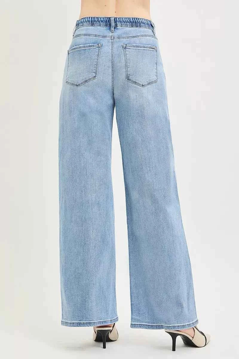 Women's RISEN Slouchy Wide Leg Jeans Elastic Drawstring Lite Blue 0-15