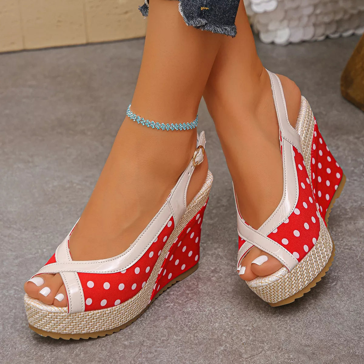 Women's Polka Dot Peep Toe Wedge High Heel Sandals Coffee Black Red EU 36-43 Red
