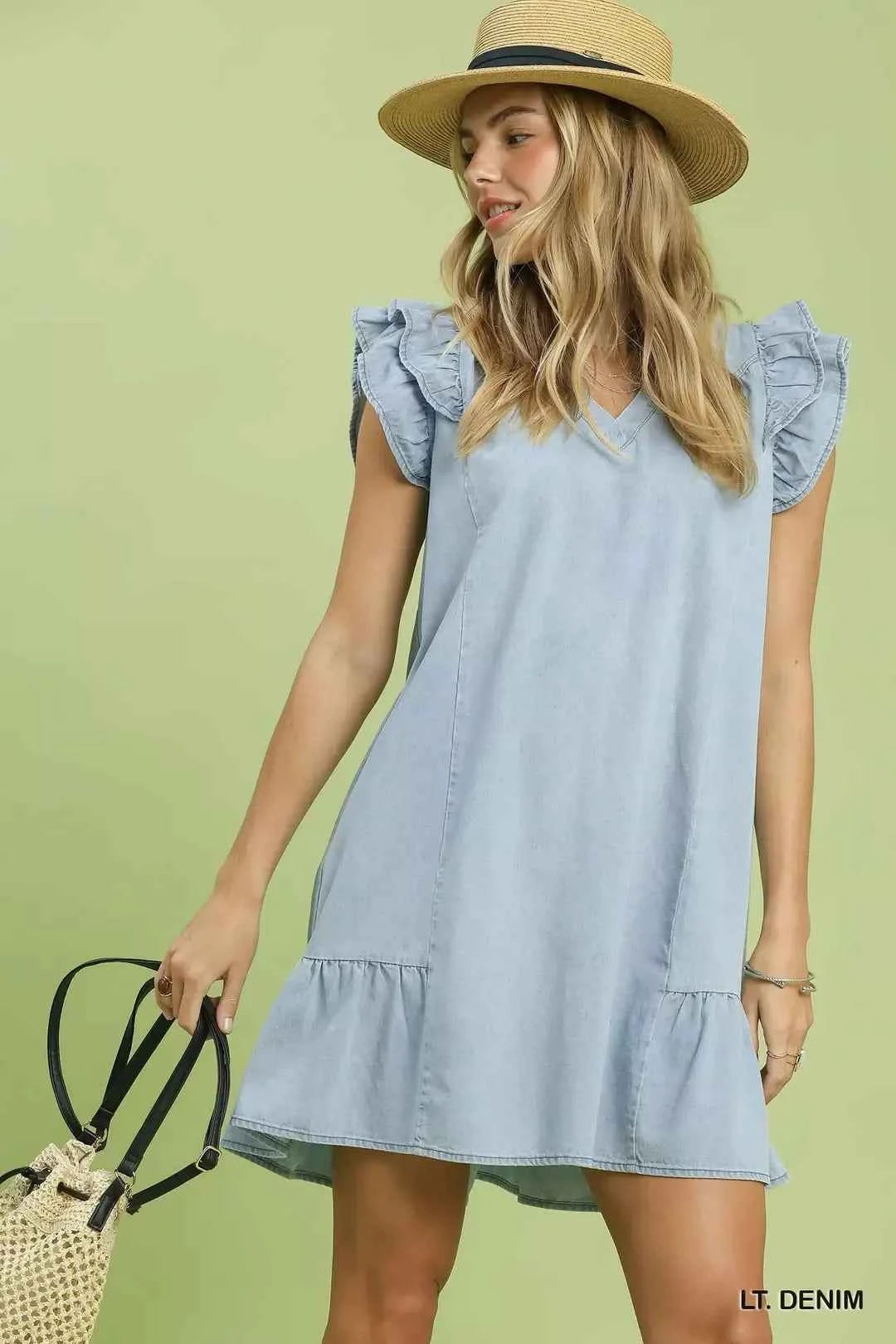 Women's Chambray Denim Ruffle Babydoll Dress Self-Tie Belt Pockets Lt Denim S-L