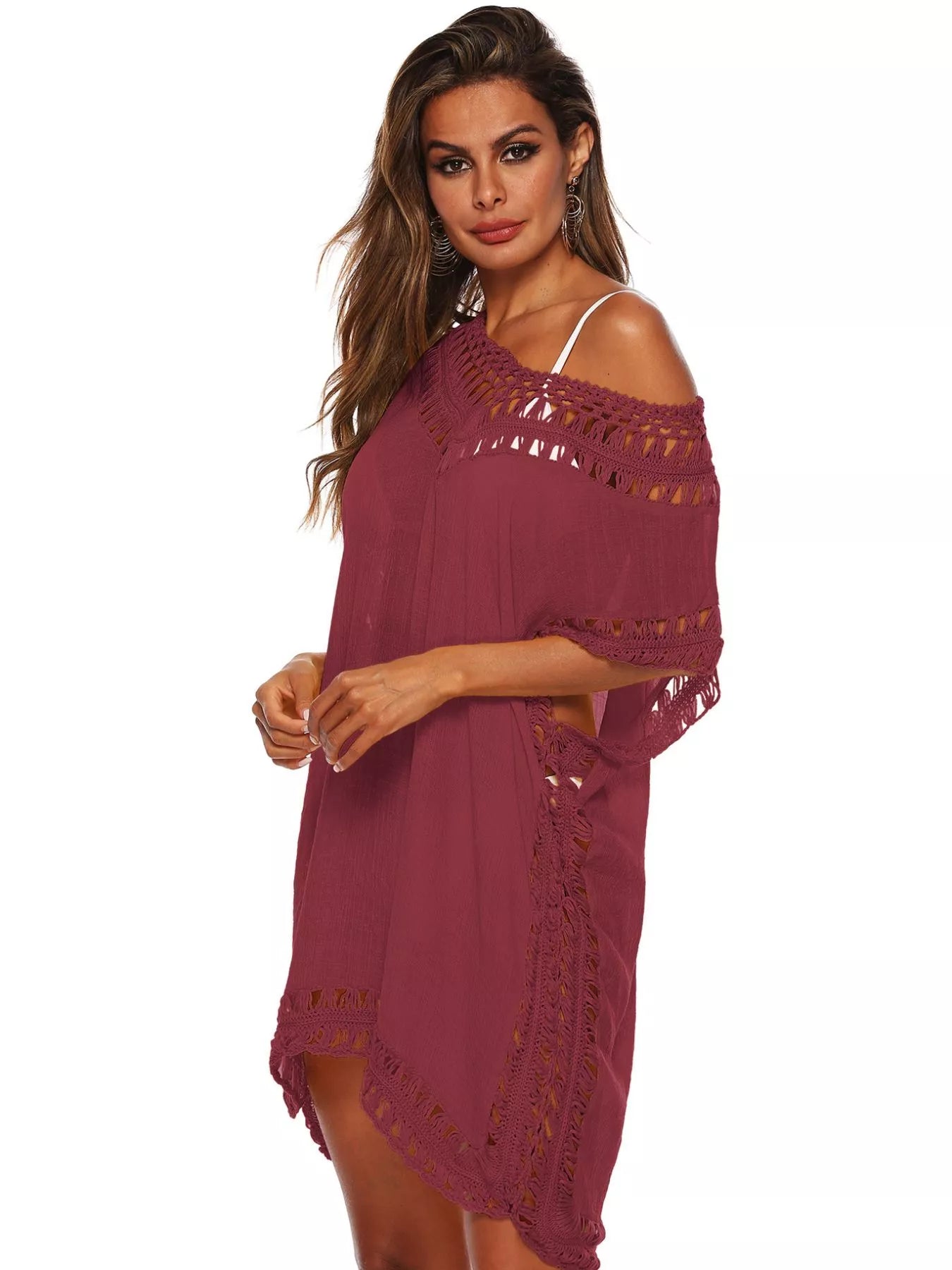 Crochet Trim Cutout V-Neck Cover-Up Dress Jujube One Size