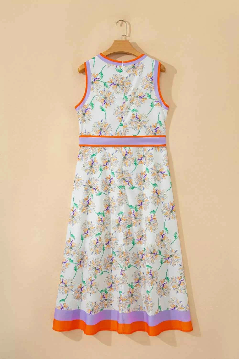 Floral Print Color Block Trim Belted Sleeveless Dress