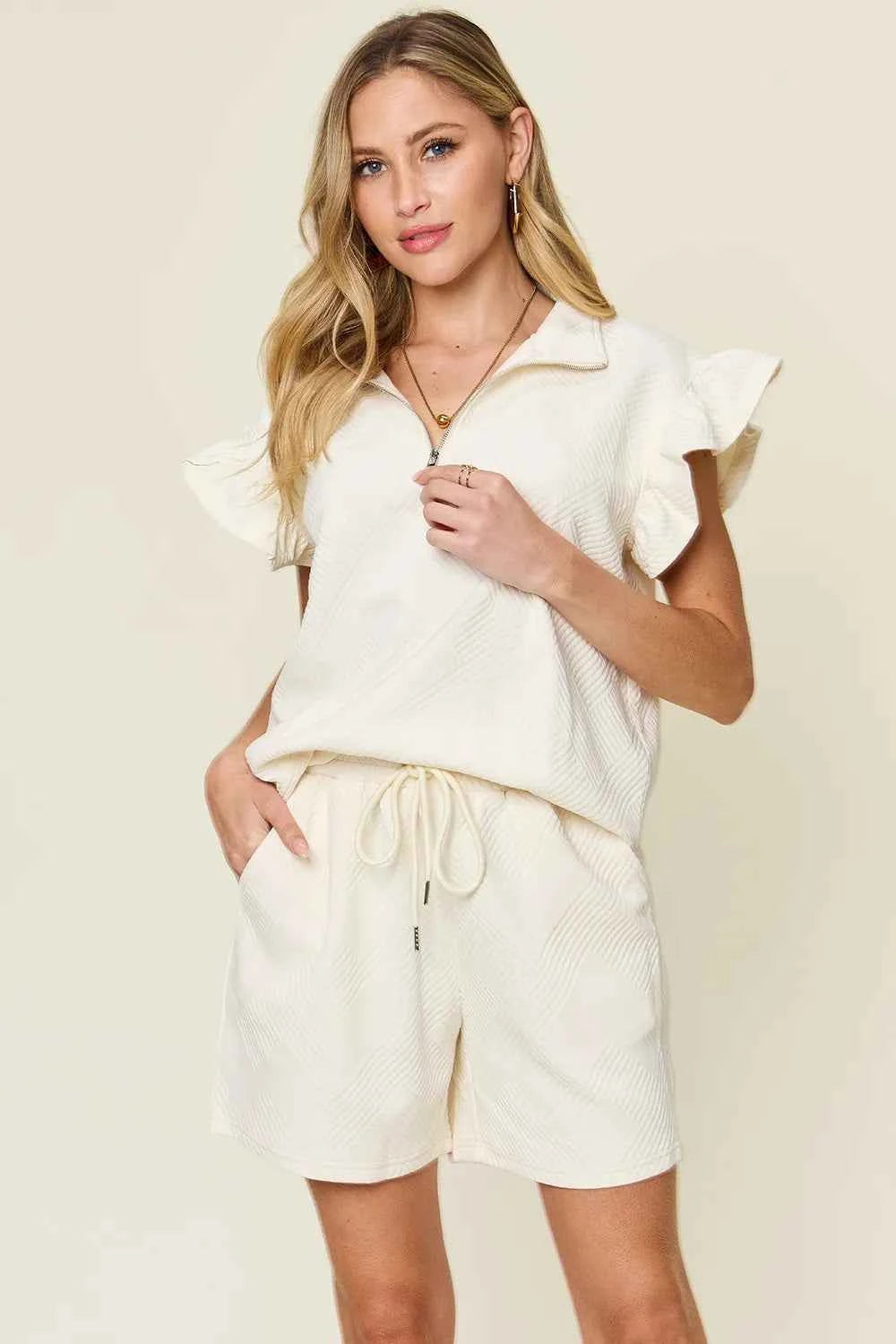 Women's Double Take Flounce Sleeve V-neck Top Shorts Set Two-Piece Multi Colors S-3XL
