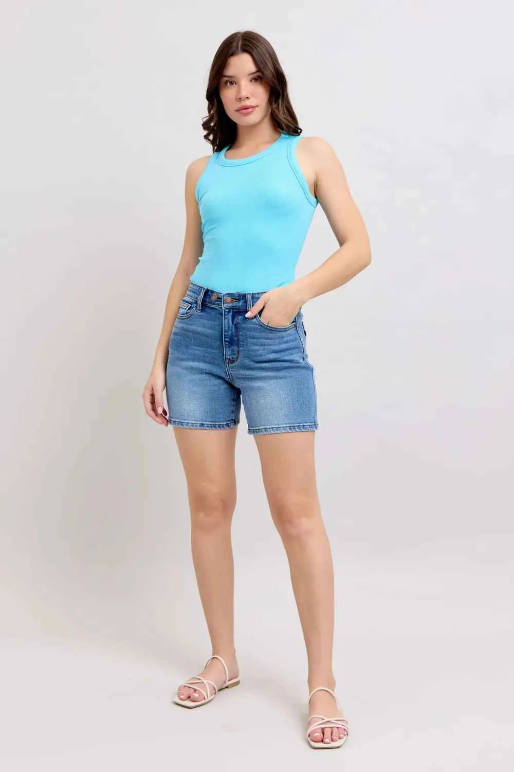 Women's Judy Blue 2-Button Denim Shorts with Pockets Medium Blue S-2XL