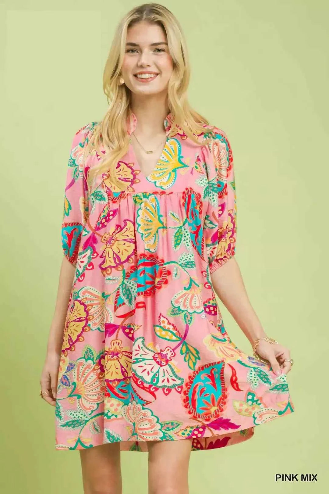 Women's Umgee Paisley Print V-Neck Mini Dress Pockets Pink Mix S-L PINKMIX