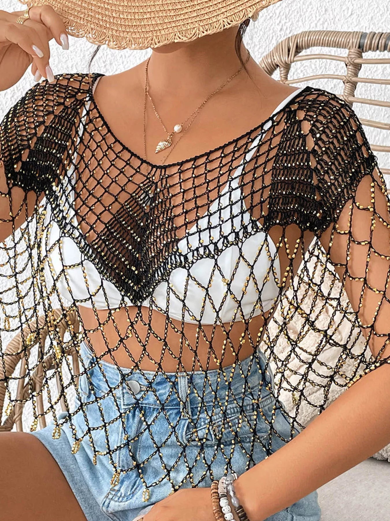 Women's Beaded Crochet Cover Up Cutout Beach Boho One Size Black White Gold
