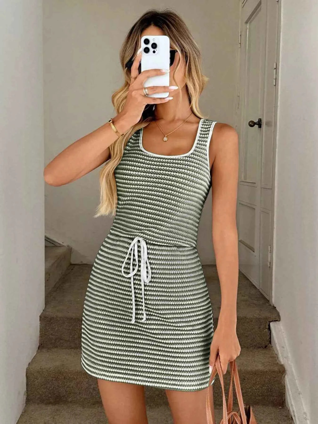 Striped Knitted Mini Dress with Drawstring