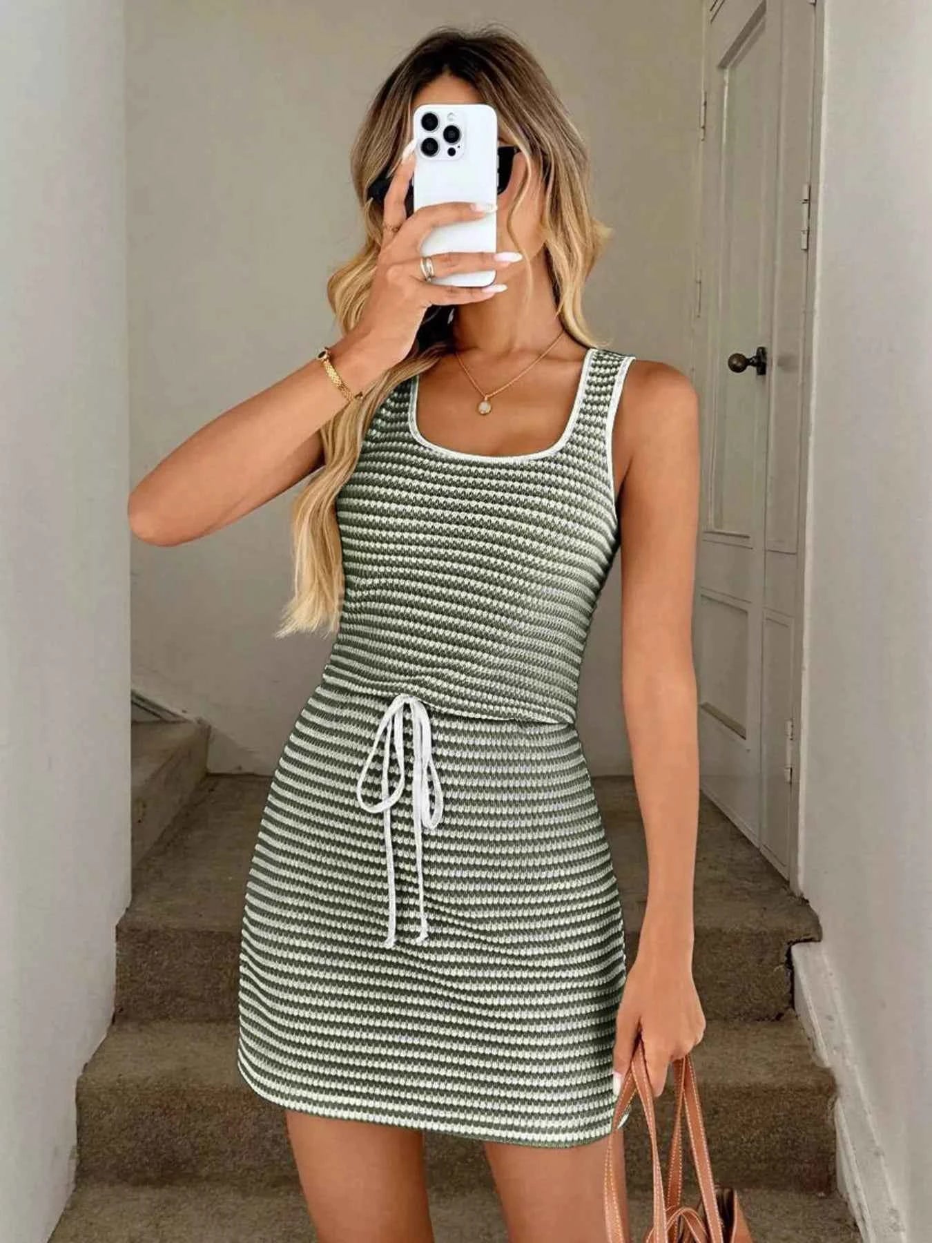 Striped Knitted Mini Dress with Drawstring