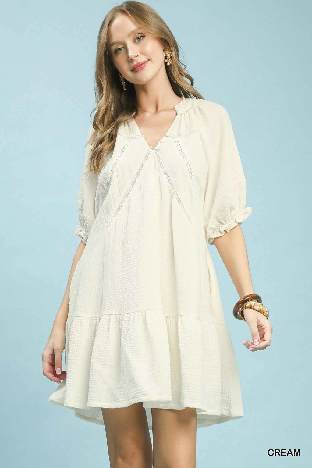 Women's Umgee Cotton Gauze Tiered Mini Dress V-Neck Lace Detail Cream S-L CREAM