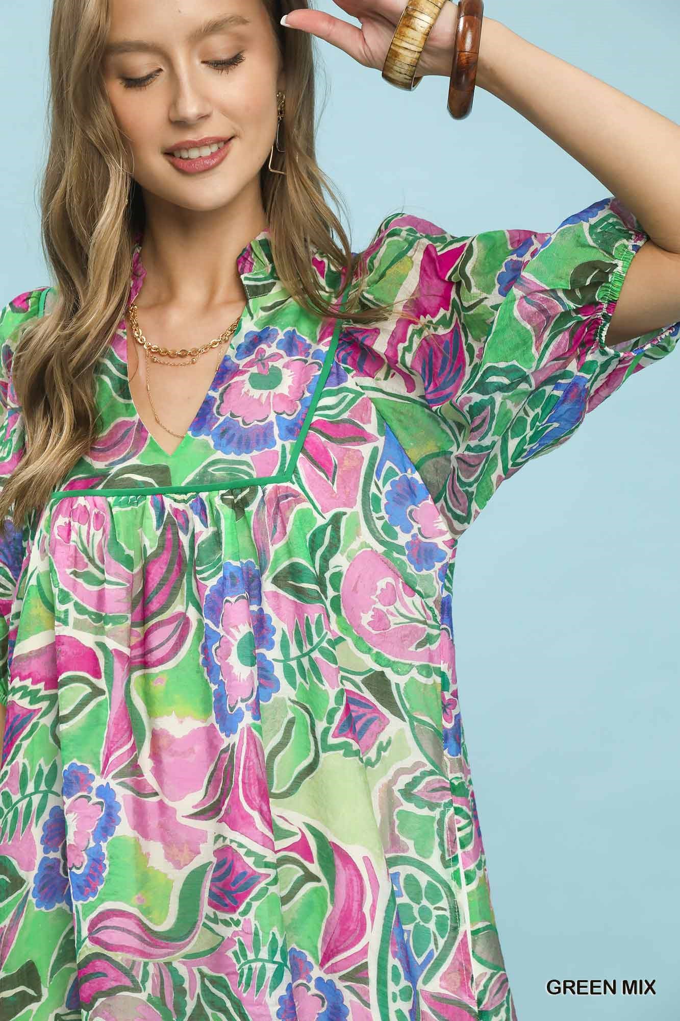 Women's Abstract Print Baby Doll Dress V-Neck Puff Sleeve Green Mix S