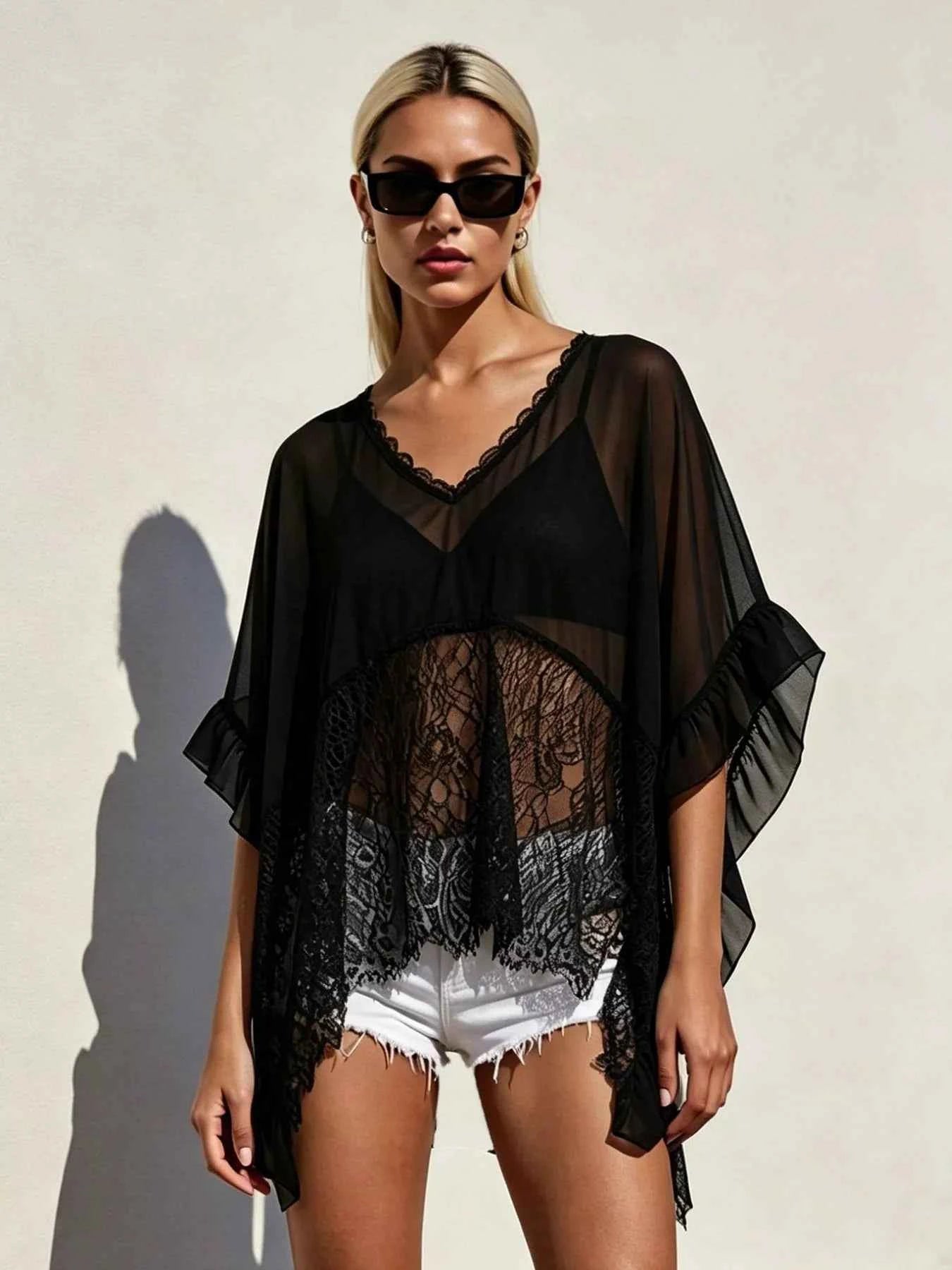 Women's Sheer Lace Trim Ruffle Flowy Short Sleeve Cover-Up Black White S-XL