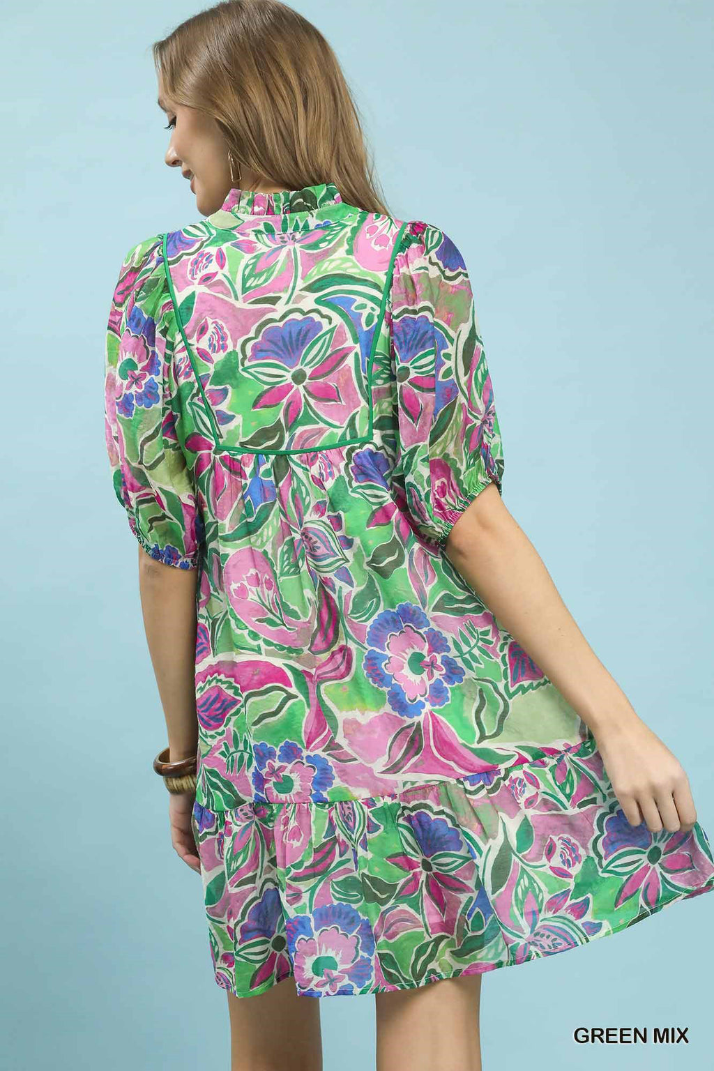 Women's Abstract Print Baby Doll Dress V-Neck Puff Sleeve Green Mix S