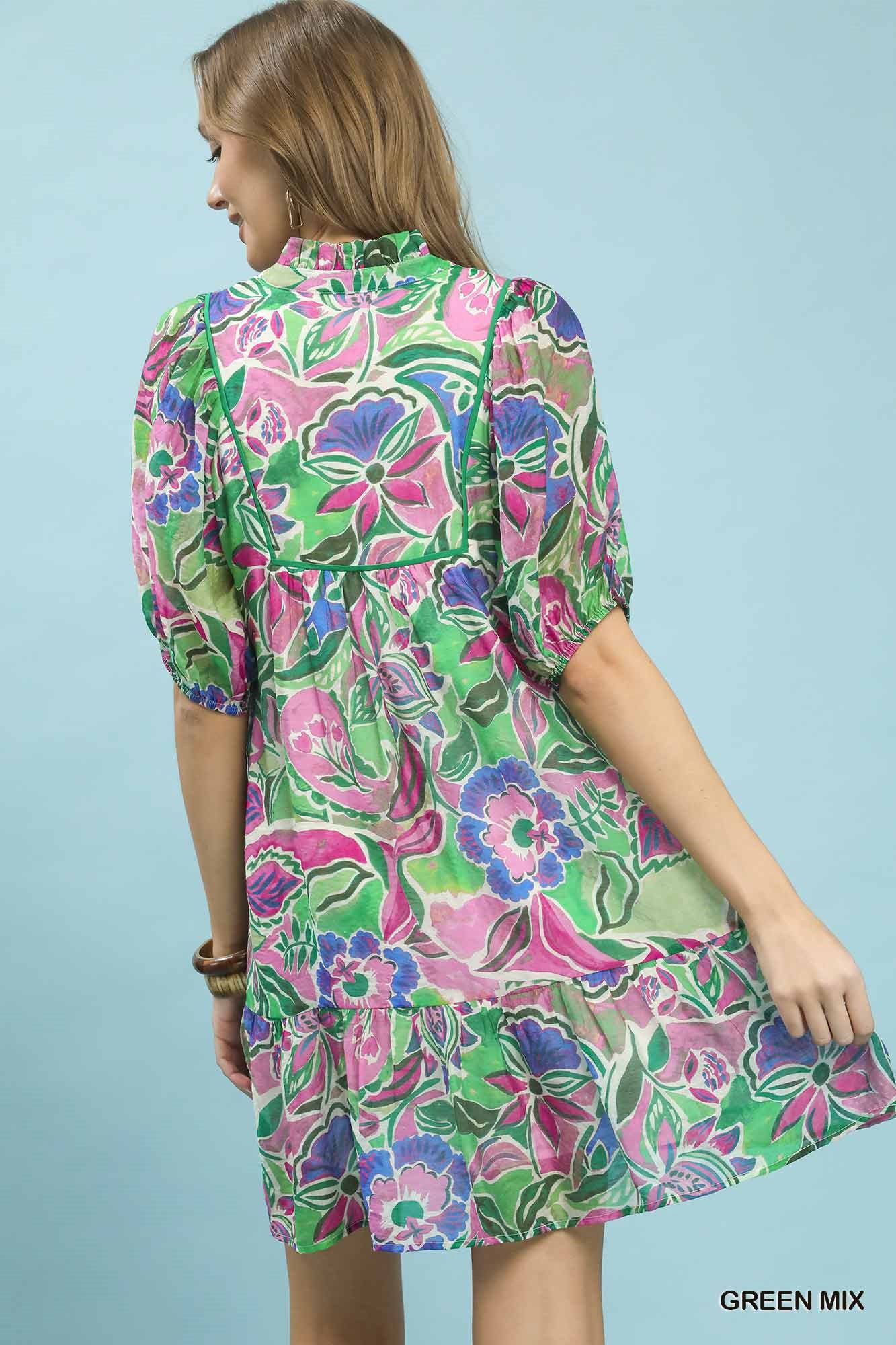 Women's Abstract Print Baby Doll Dress V-Neck Puff Sleeve Green Mix S