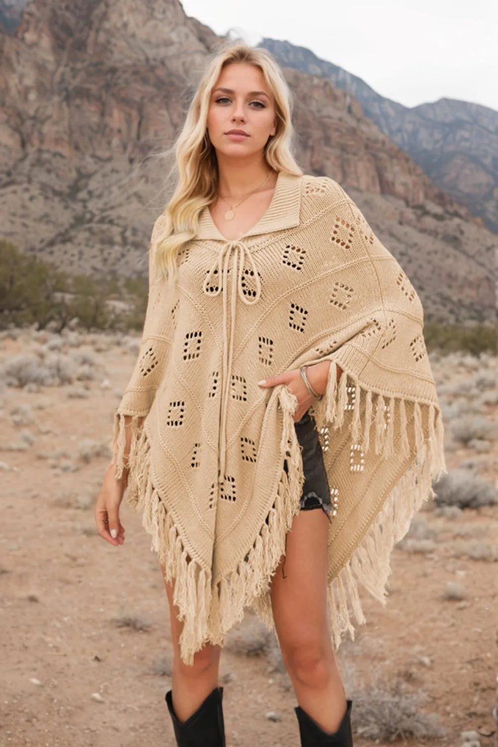 Tassel Hem Knit Cover Up Tan