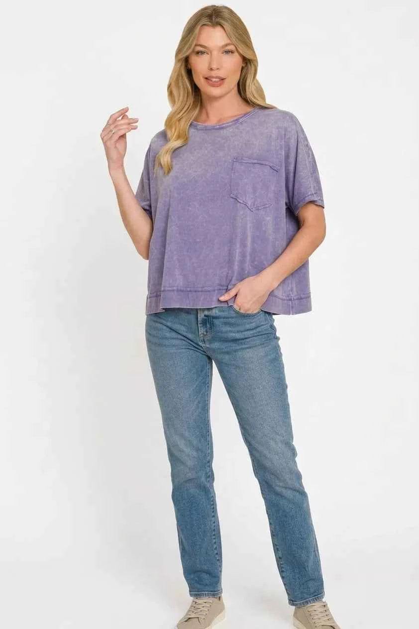 Zenana Women's Acid Wash Oversized T-Shirt Raw Hem Pocket Marlin S-L