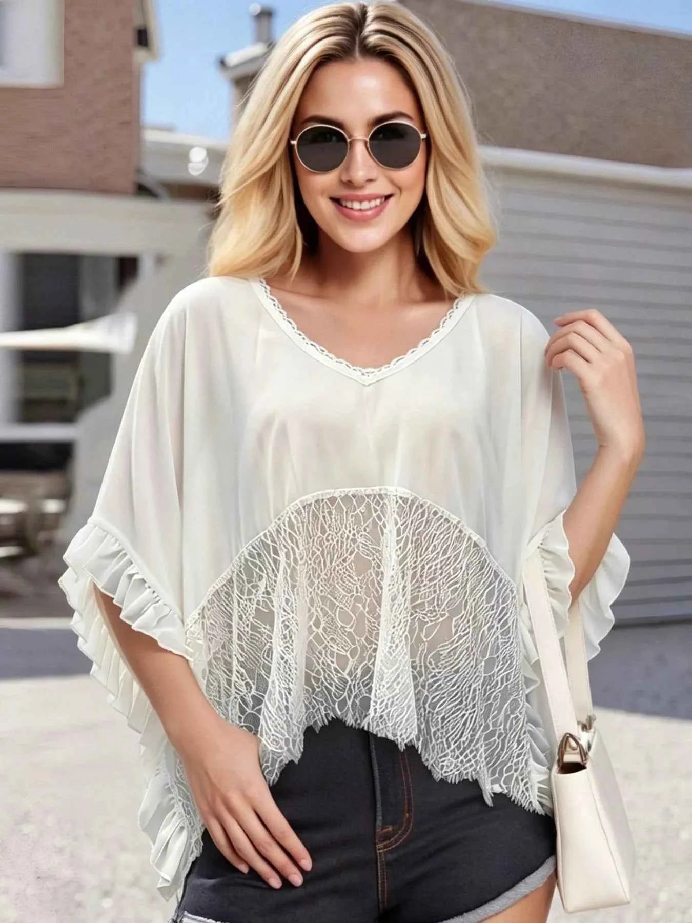 Women's Sheer Lace Trim Ruffle Flowy Short Sleeve Cover-Up Black White S-XL