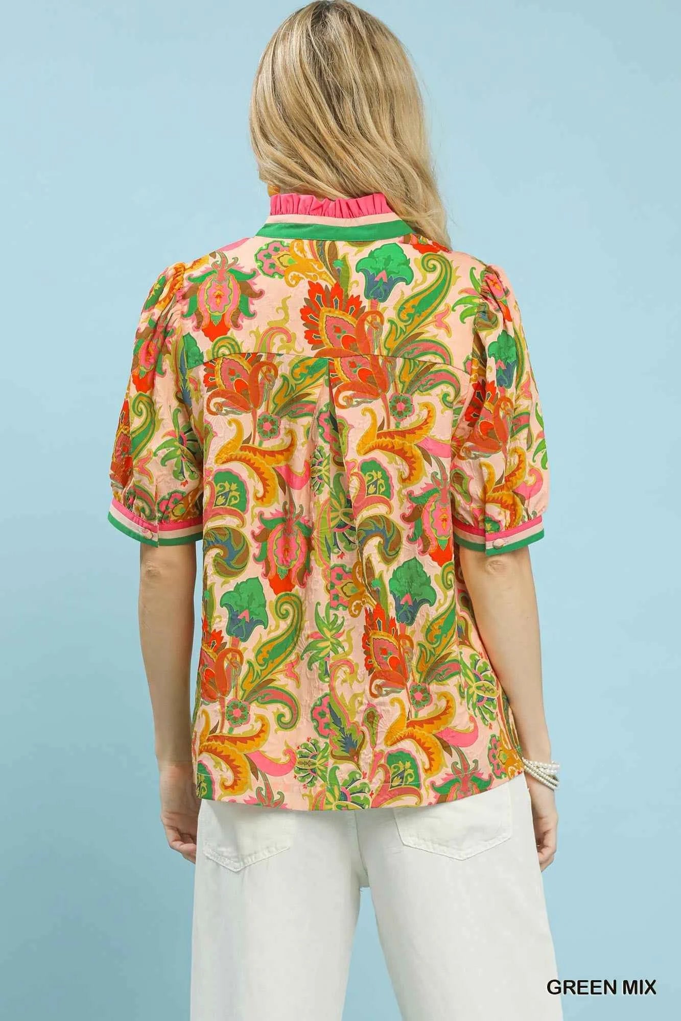 Umgee Women's Jacquard Abstract Print Top V-Neck Puff Sleeve Green Mix S-L