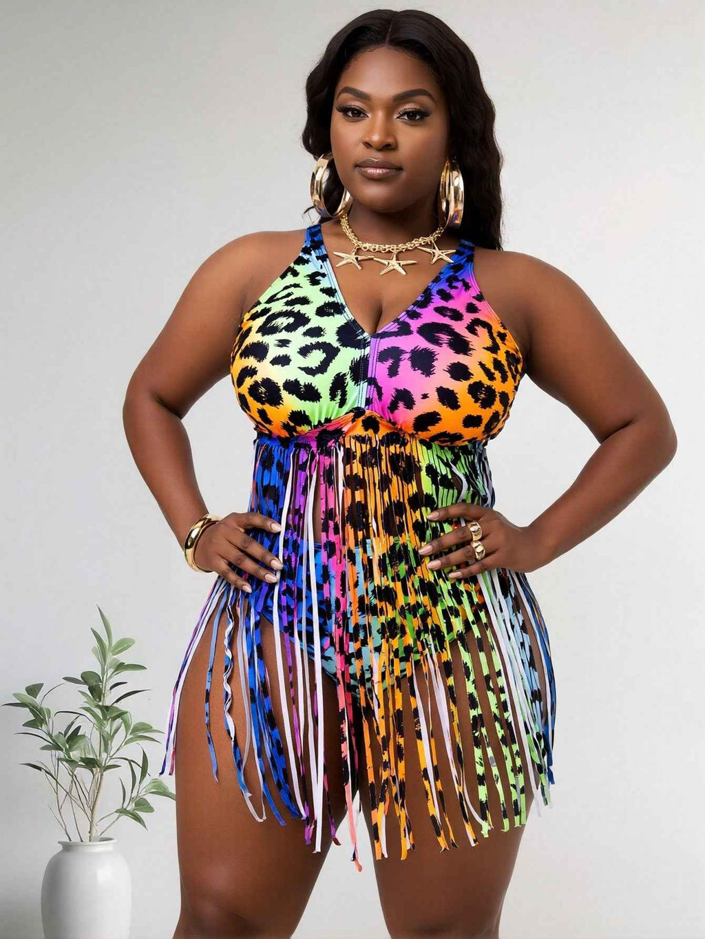 2026 New Plus Size Rainbow Leopard Fringe One-Piece Swimsuit