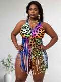 2026 New Plus Size Rainbow Leopard Fringe One-Piece Swimsuit