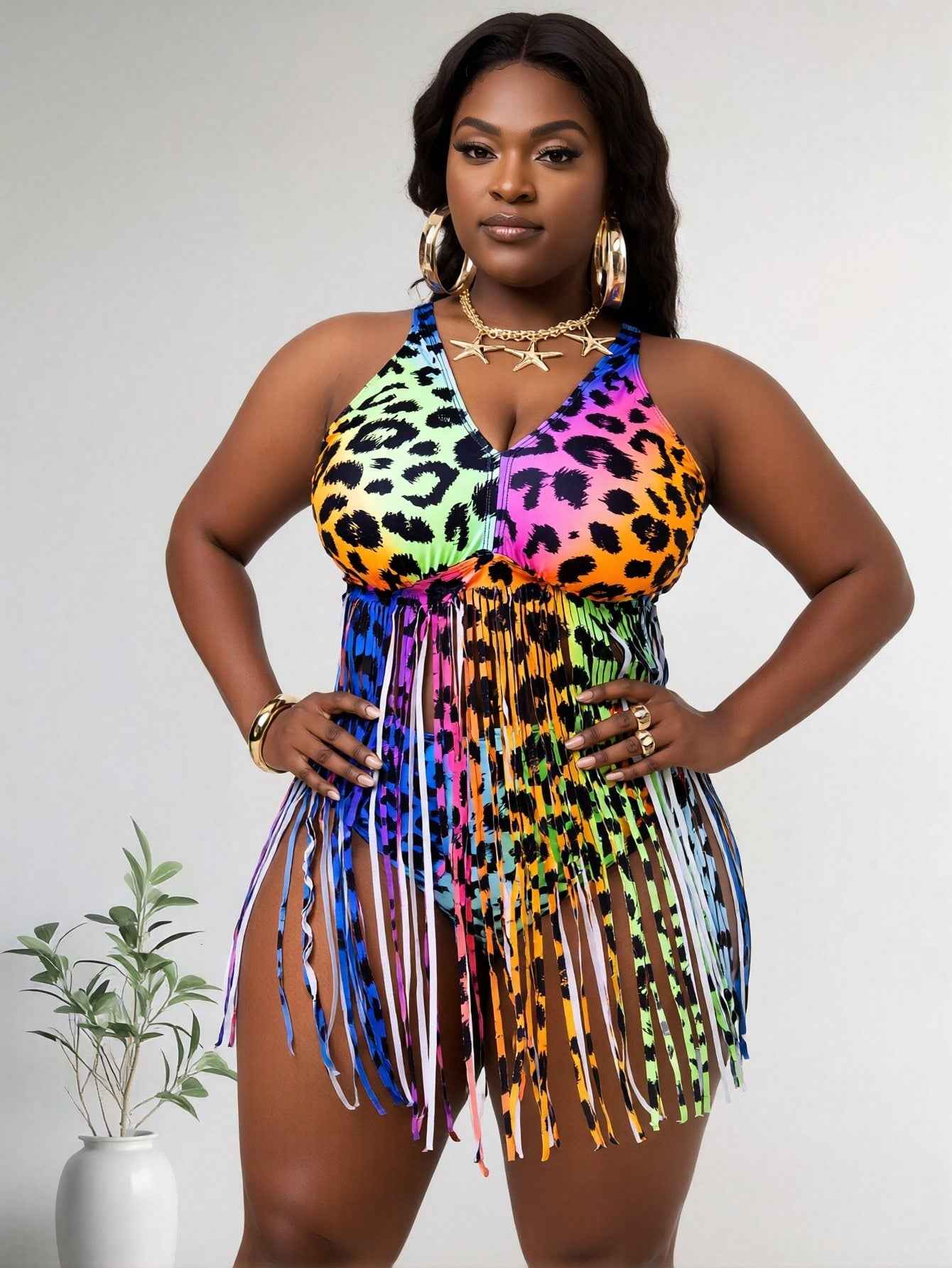 2026 New Plus Size Rainbow Leopard Fringe One-Piece Swimsuit