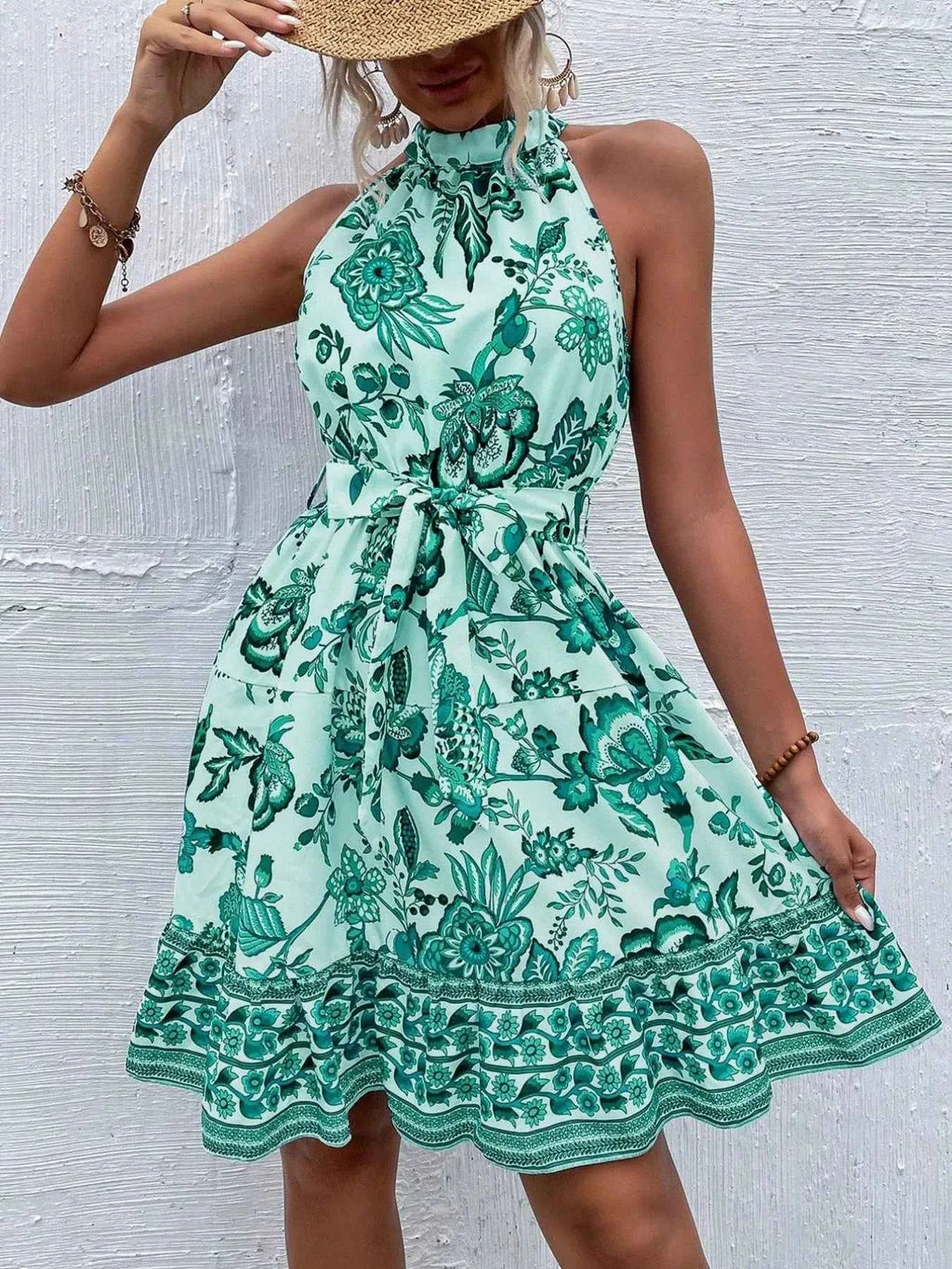 Women's Floral Halter Neck Midi Dress Belt Tie Boho Beach Resort Multi Colors S-XXL