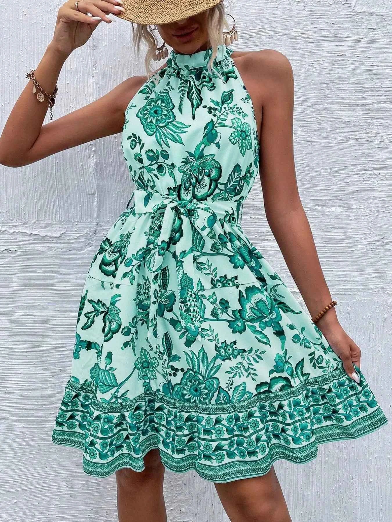 Women's Floral Halter Neck Midi Dress Belt Tie Boho Beach Resort Multi Colors S-XXL