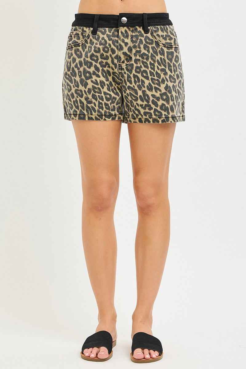 RISEN Women's High Rise Leopard Print Shorts Contrast Waistband Coffee S-XL