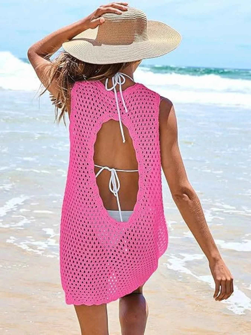 Women's Color Block Openwork Sleeveless Cutout Back Cover-Up Multi S-2XL