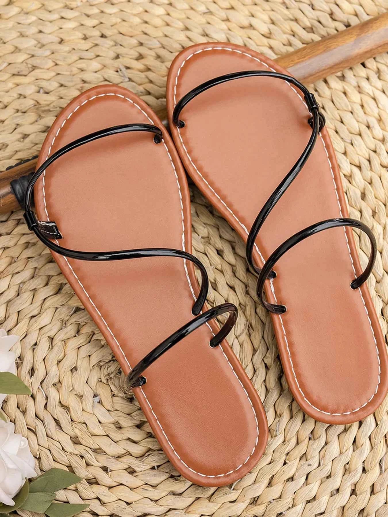 Women's Strappy Faux Leather Flat Sandals Open Toe Black Gold Silver US 5-11 Gold