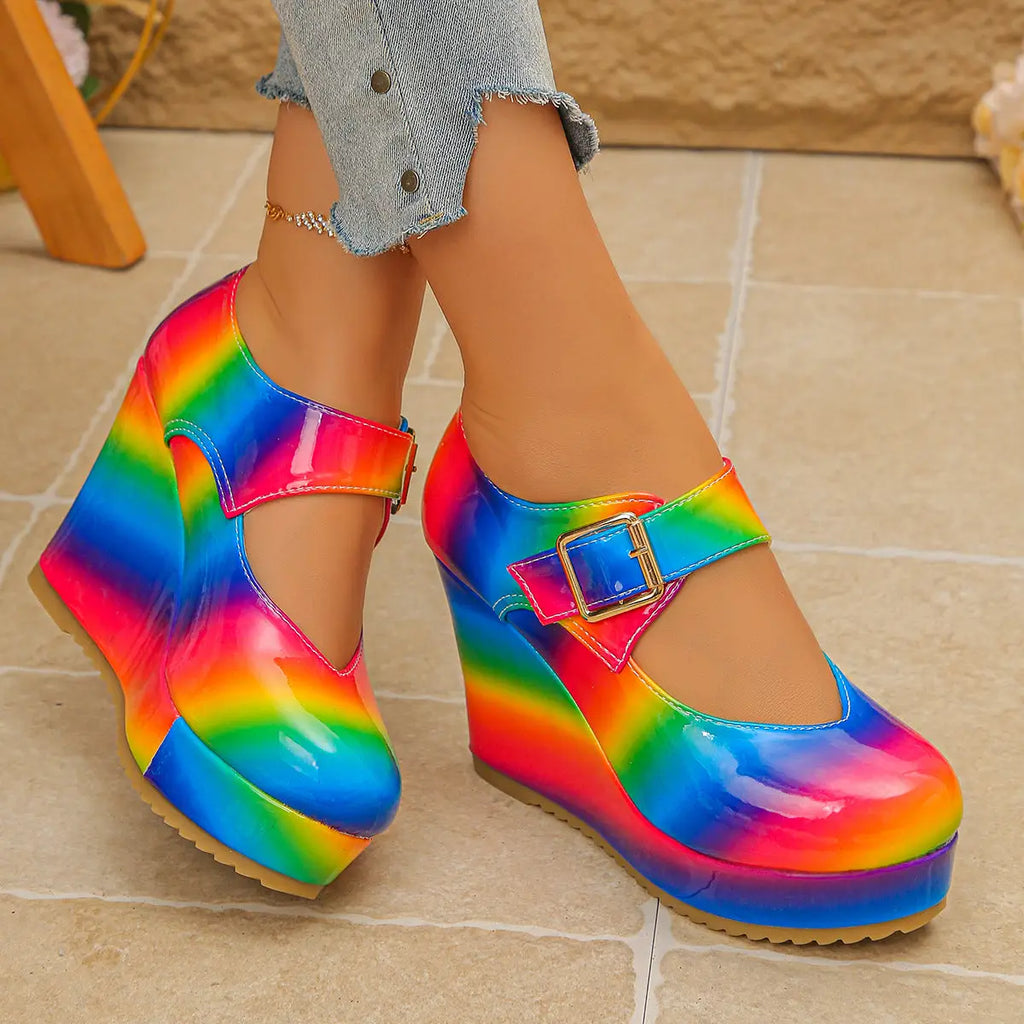 Women’s Rainbow Tie Dye Platform Wedge Sandals Boho Festival Mary Jane Heels